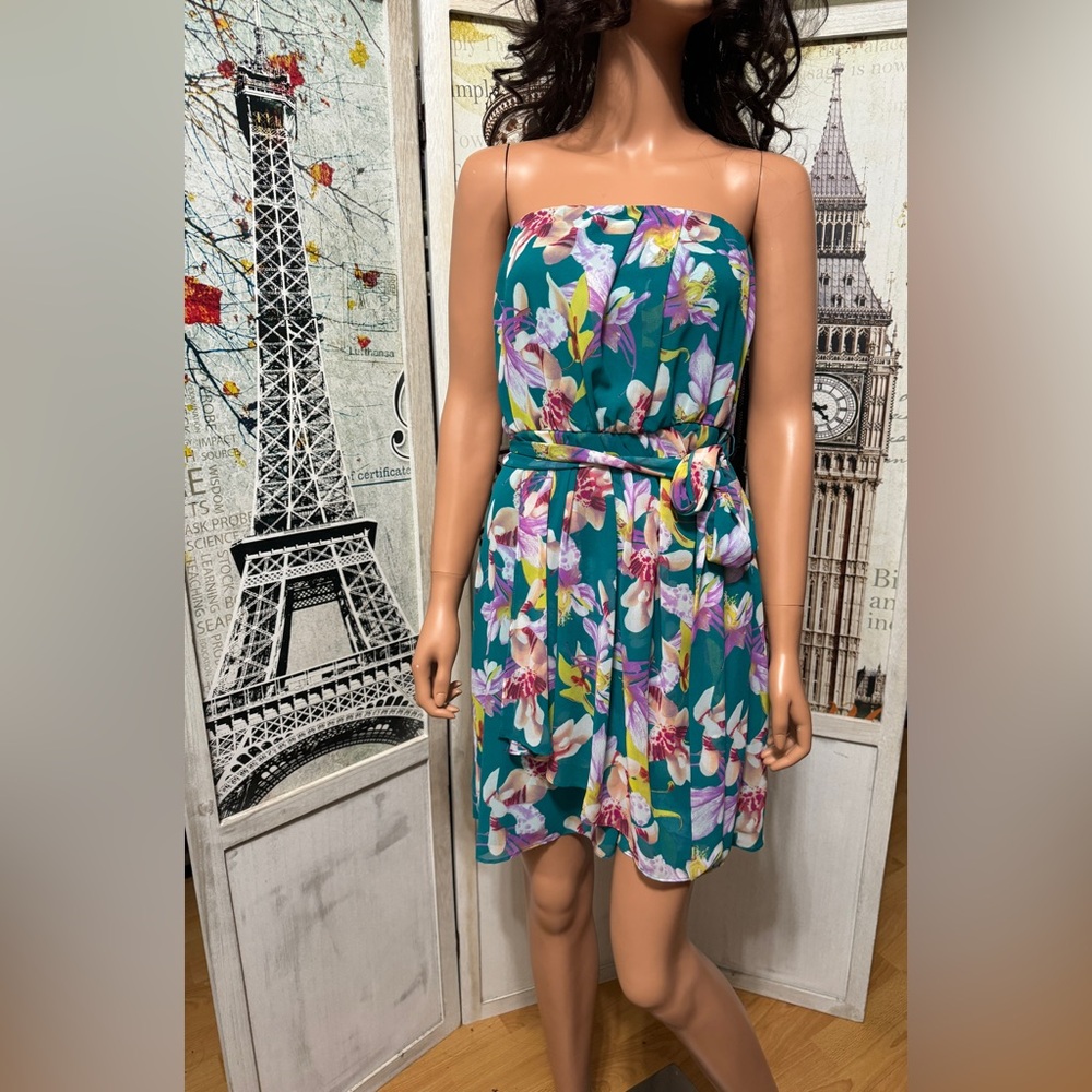 EXPRESS Teal Green Floral Strapless Dress